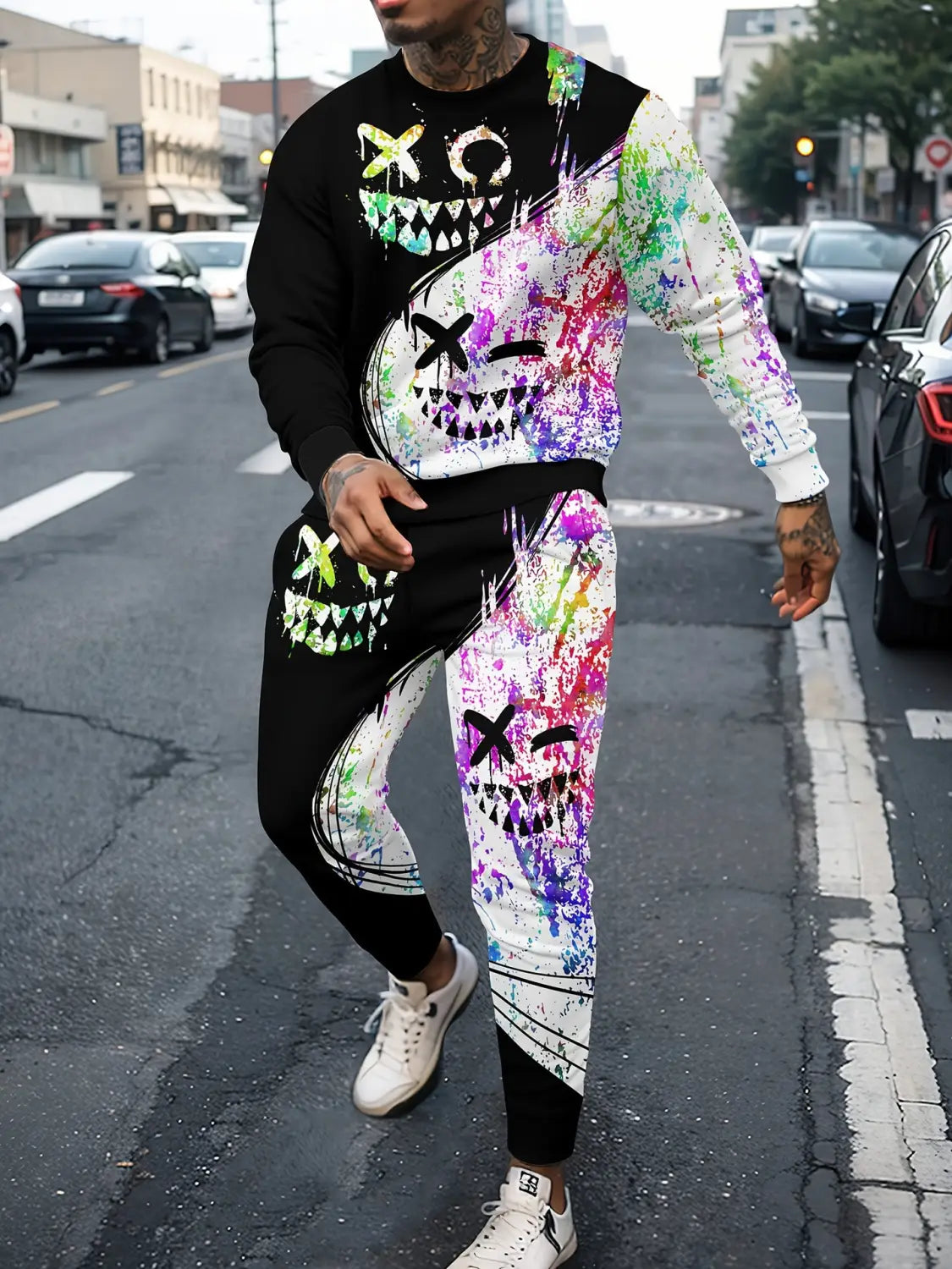 Sports Men’s Clothing Casual Retro Digital Printed Round Neck Sweater Suit