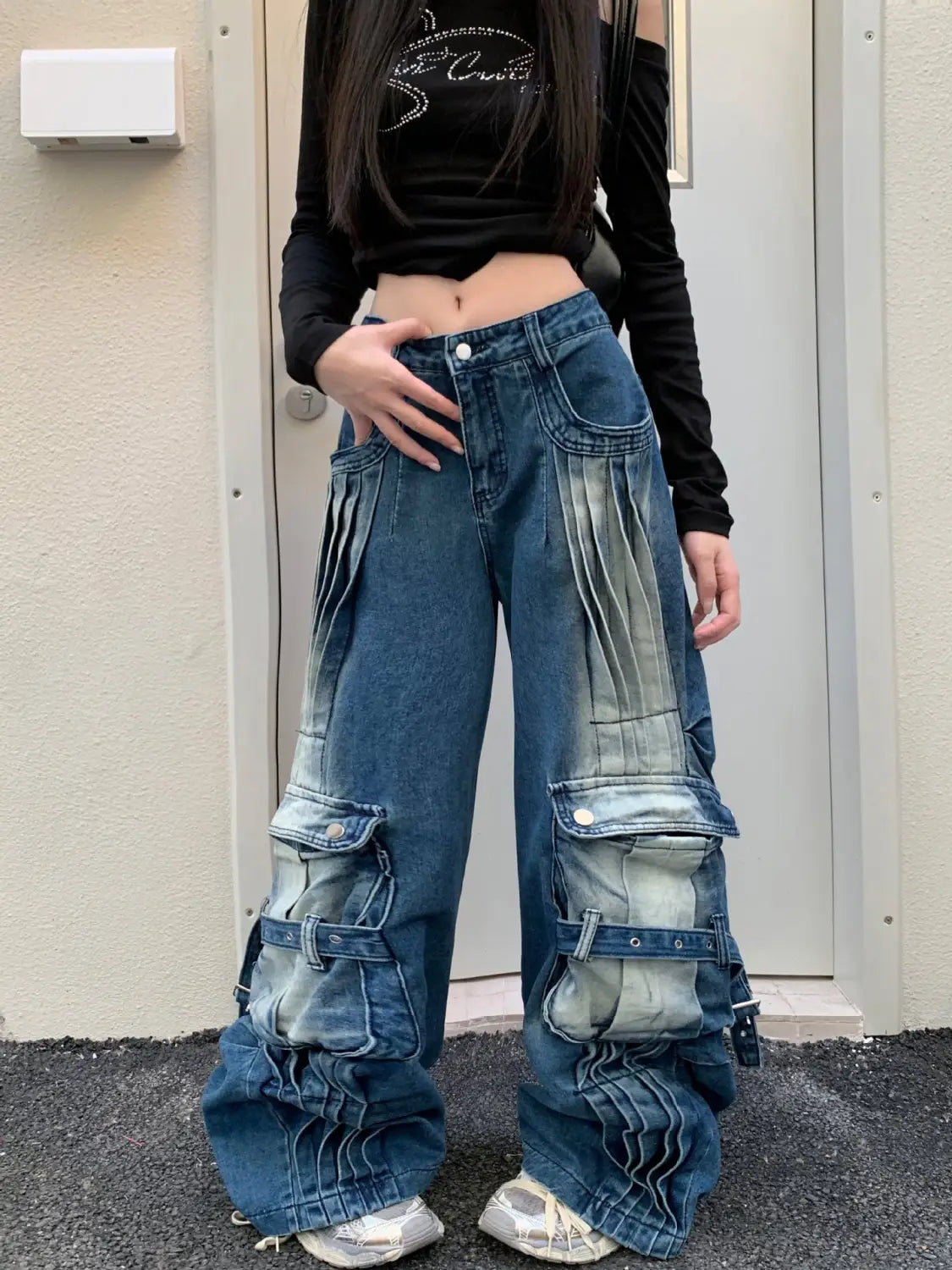 Straight Loose Washed-out Deconstruction Design Cargo Jeans Female