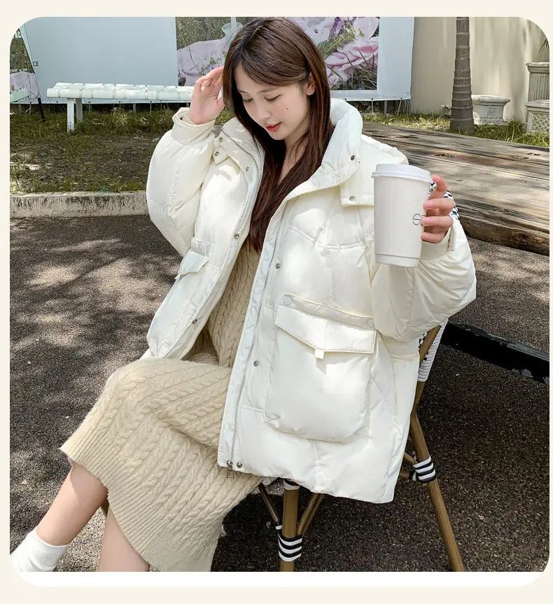 Women’s White Duck Down Korean Style Slimming Hooded Thick Down Jacket
