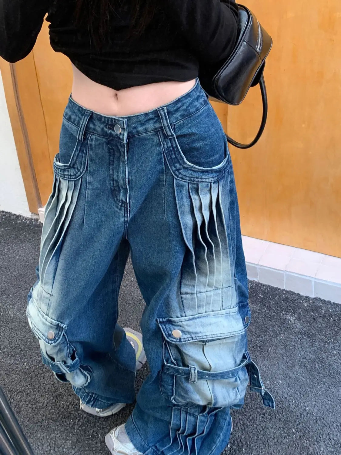 Straight Loose Washed-out Deconstruction Design Cargo Jeans Female
