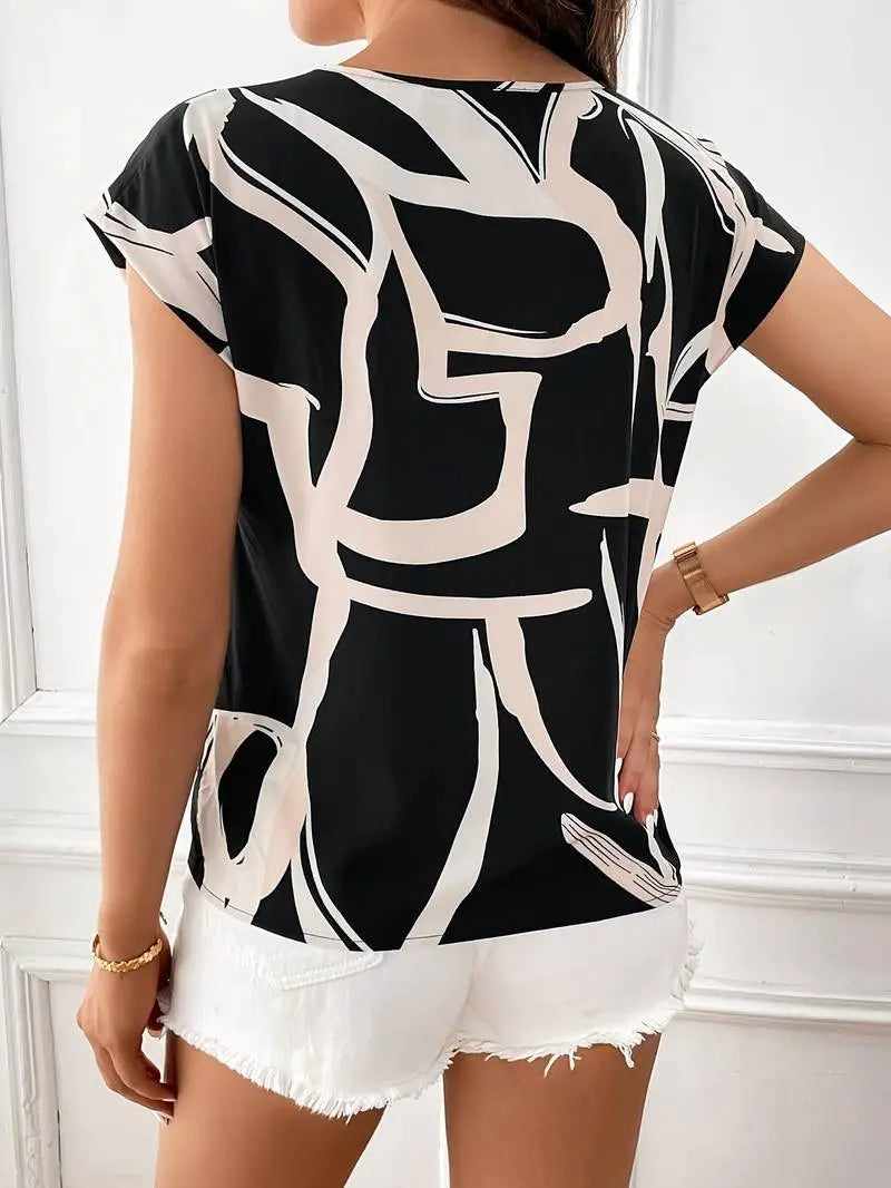 Women’s Shoulder Short Sleeve Printed Shirt