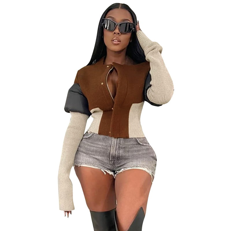 Autumn And Winter New Contrast Color Stand-up Collar Zipper Cardigan Outerwear