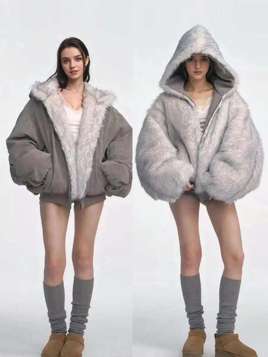 Gray Double-sided Dyed Pointed Fur Vintage Cotton-padded Jacket Coat
