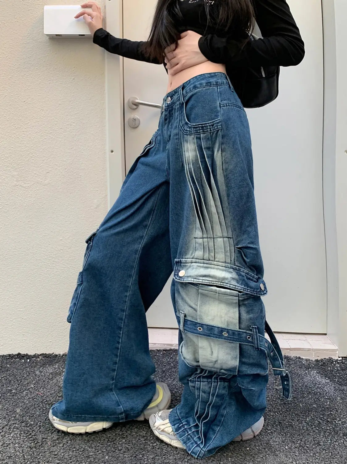 Straight Loose Washed-out Deconstruction Design Cargo Jeans Female