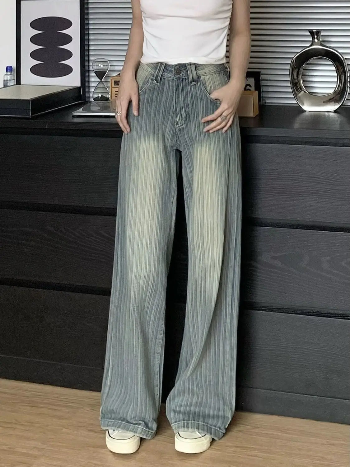 High Waist Striped Blue Loose Wide Leg Jeans Women Draped Pants