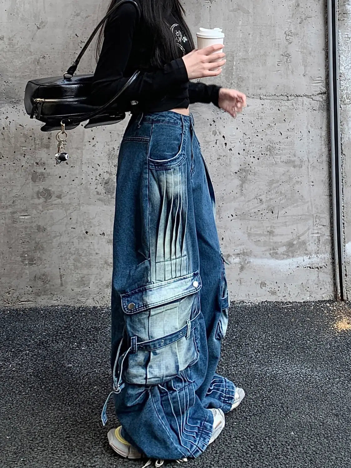 Straight Loose Washed-out Deconstruction Design Cargo Jeans Female