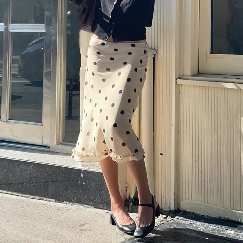 Women’s French-style Color Matching Polka Dot Side Zipper Pleated Hip Skirt