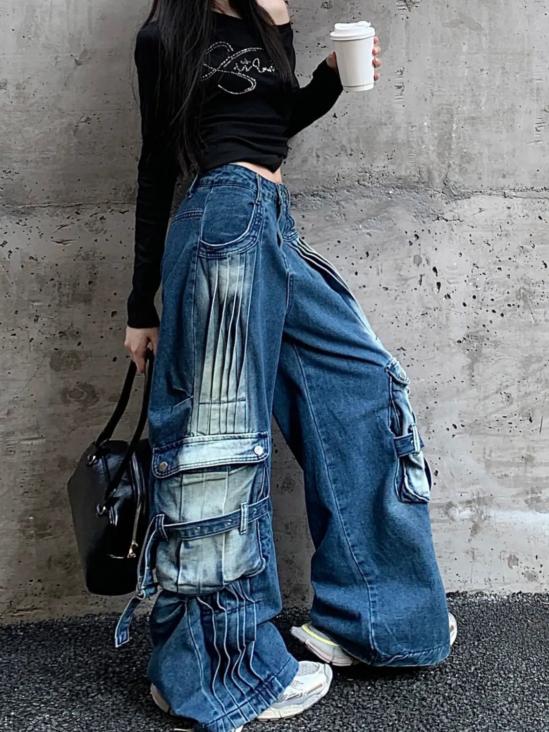 Straight Loose Washed-out Deconstruction Design Cargo Jeans Female