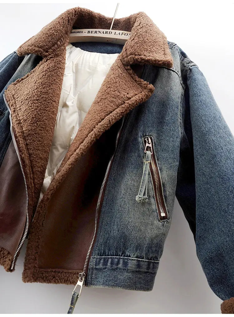 Lamb Wool Stitching Lightweight Down Liner Fleece-lined Denim Coat Women’s Short Top Jacket