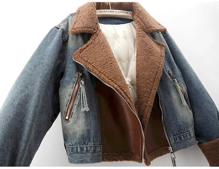 Lamb Wool Stitching Lightweight Down Liner Fleece-lined Denim Coat Women’s Short Top Jacket