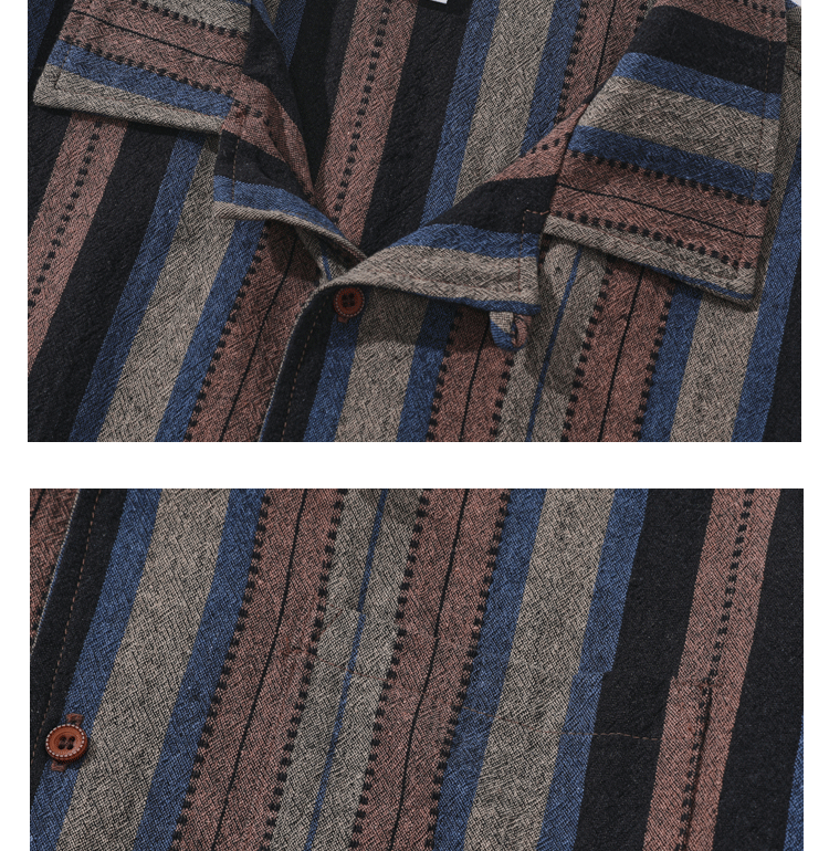 Japanese-style Retro Amekaji Ethnic Style Striped Short Sleeve Shirt