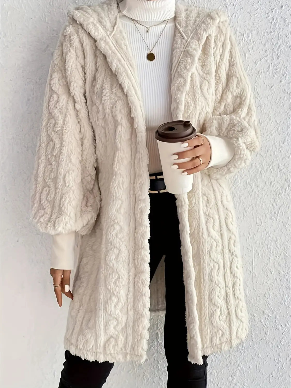 Hooded Double-sided Plush Cuff Thread Long Coat