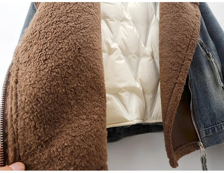 Lamb Wool Stitching Lightweight Down Liner Fleece-lined Denim Coat Women’s Short Top Jacket