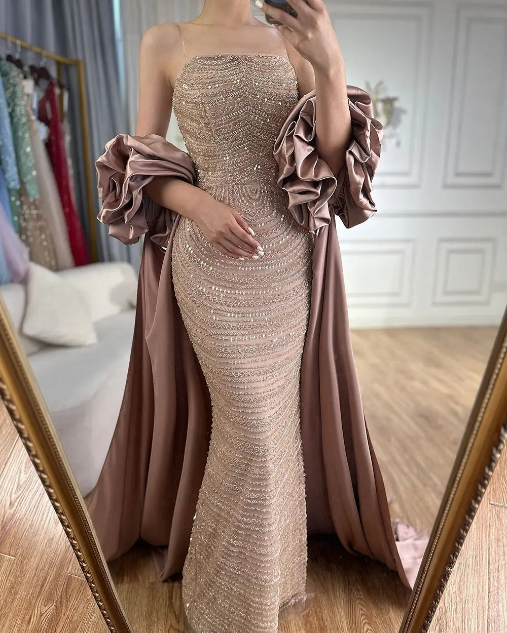 Dried Rose High-end Elegant Beaded Fishtail Annual Party Banquet Host Luxury Dress