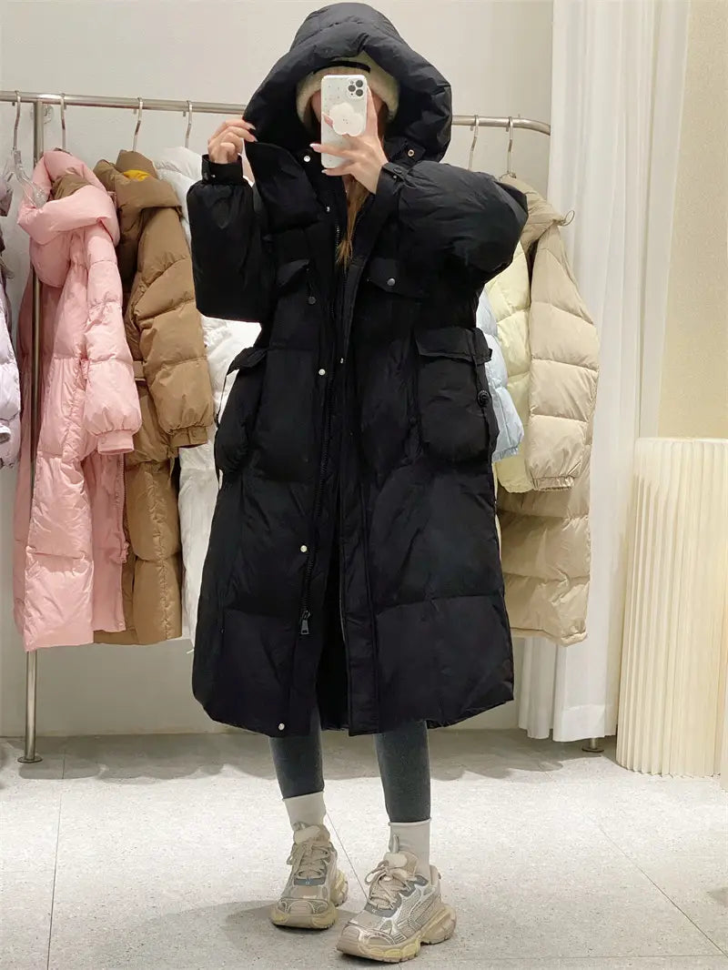 Korean Style Winter Clothes Hooded Women’s Over-the-knee Quilt Down Jacket