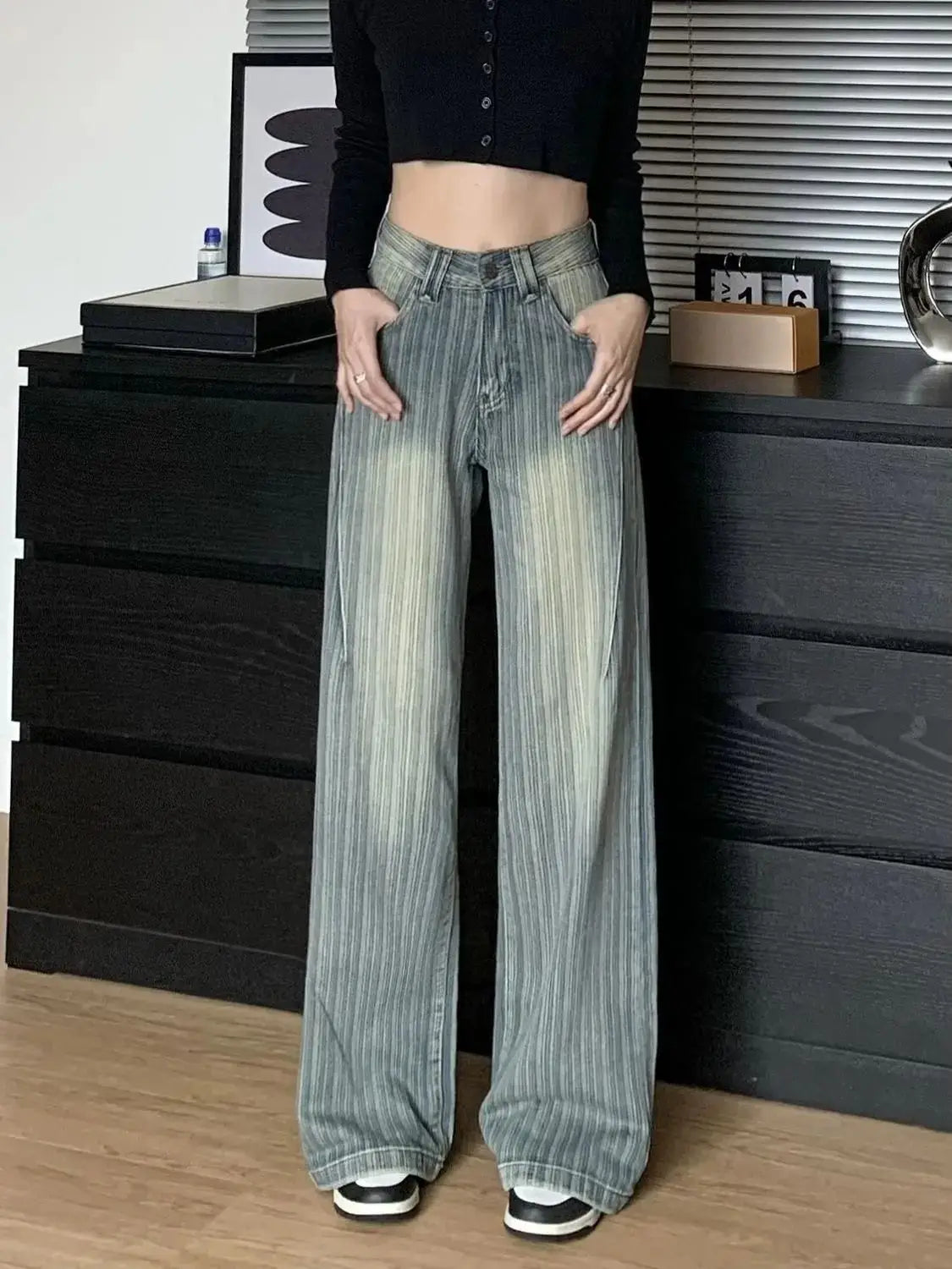 High Waist Striped Blue Loose Wide Leg Jeans Women Draped Pants