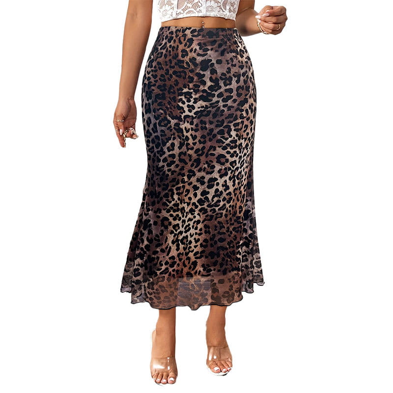 Sexy Leopard Print Stretch Mesh See-through Skirt