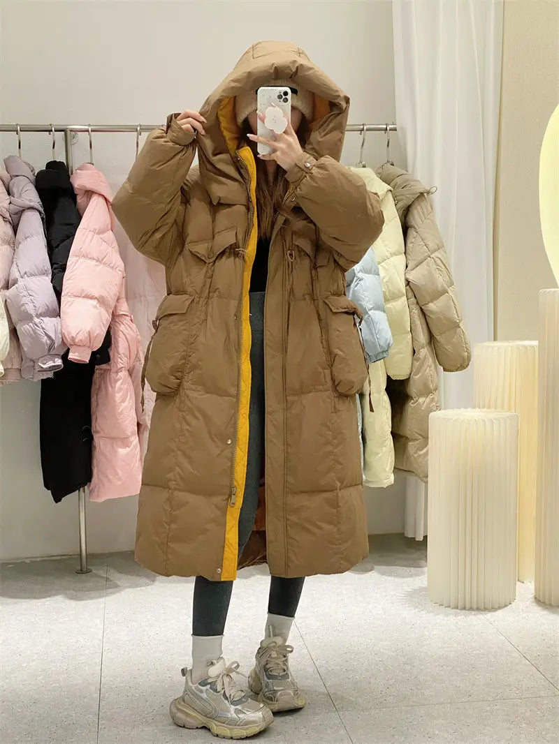 Korean Style Winter Clothes Hooded Women’s Over-the-knee Quilt Down Jacket