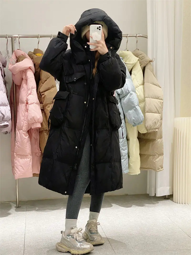 Korean Style Winter Clothes Hooded Women’s Over-the-knee Quilt Down Jacket