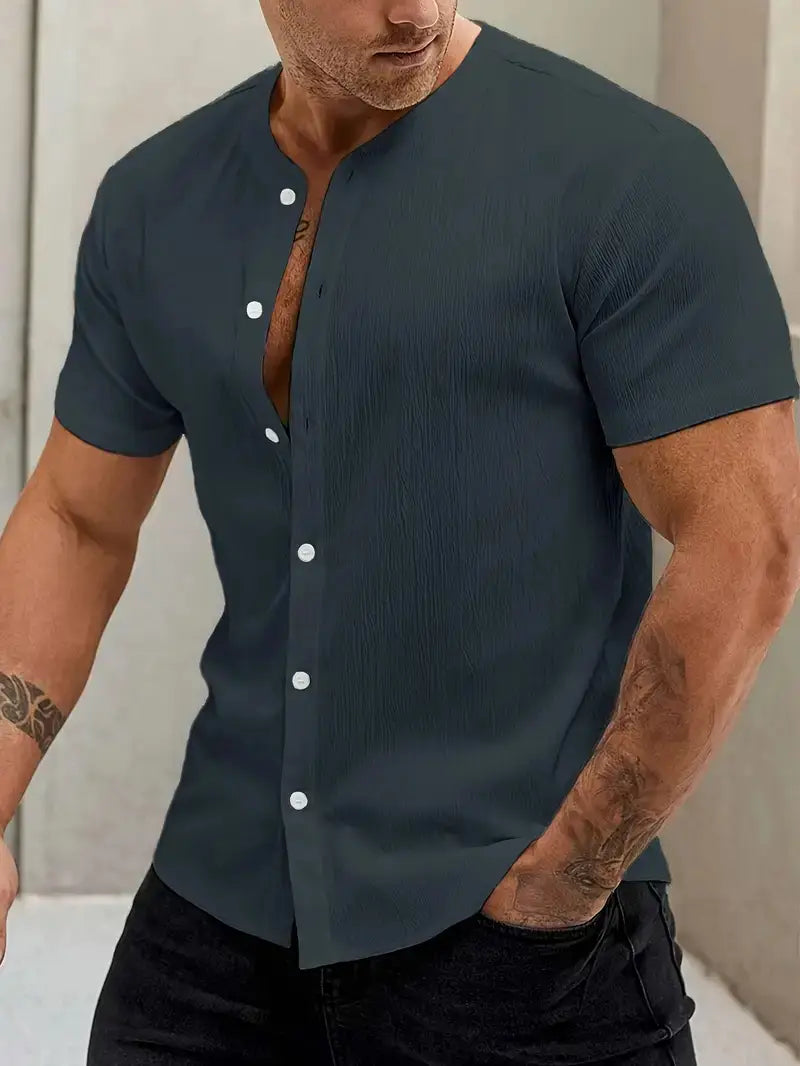 New Cardigan Stand Collar Men’s Short-sleeve Shirts
