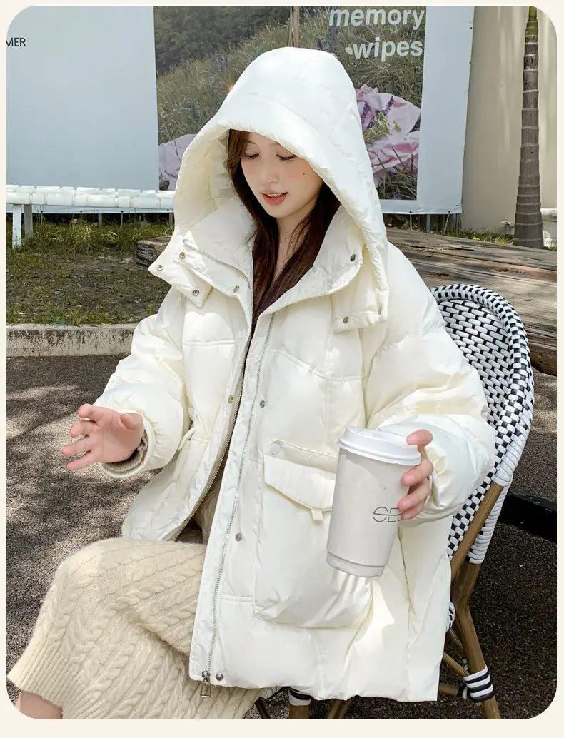 Women’s White Duck Down Korean Style Slimming Hooded Thick Down Jacket