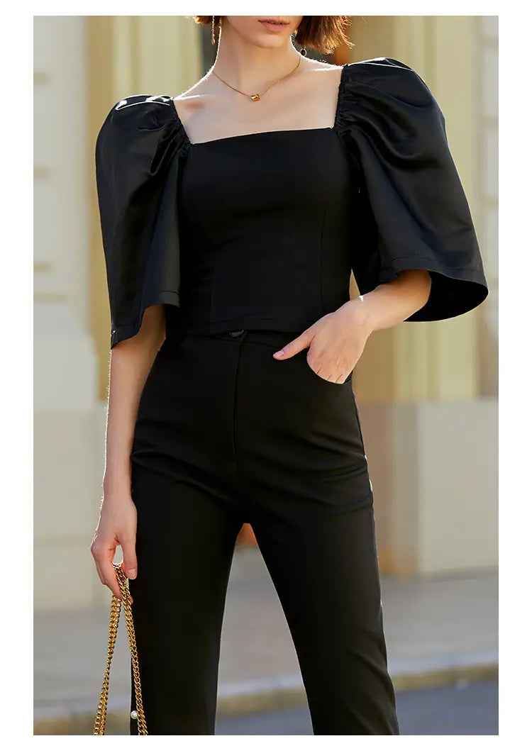 Women’s Retro Lantern Sleeve Square Collar Elegant Top
