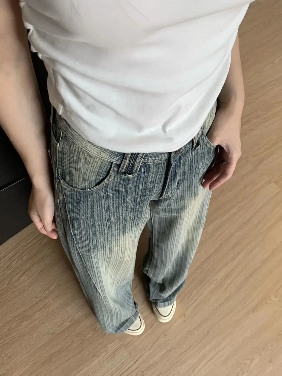 High Waist Striped Blue Loose Wide Leg Jeans Women Draped Pants