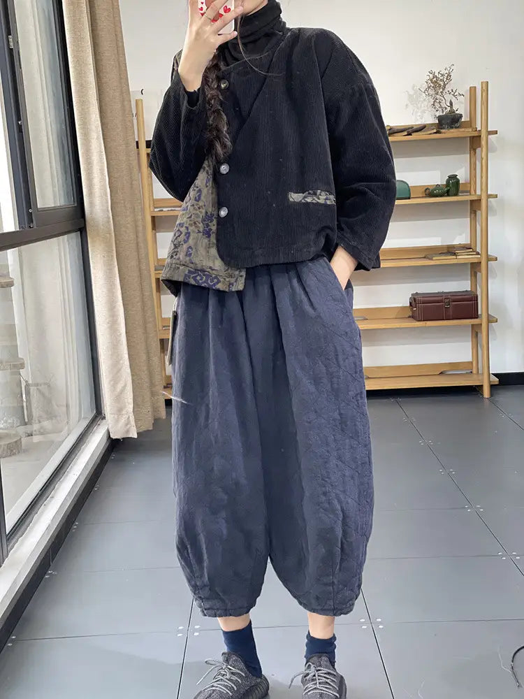 Retro Contrast Color Cotton Coat Jacket Women