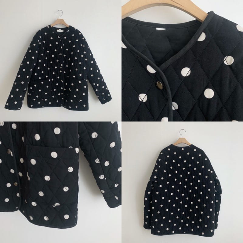 Polka Dot Round Neck Loose Double Pocket Quilted Jacket