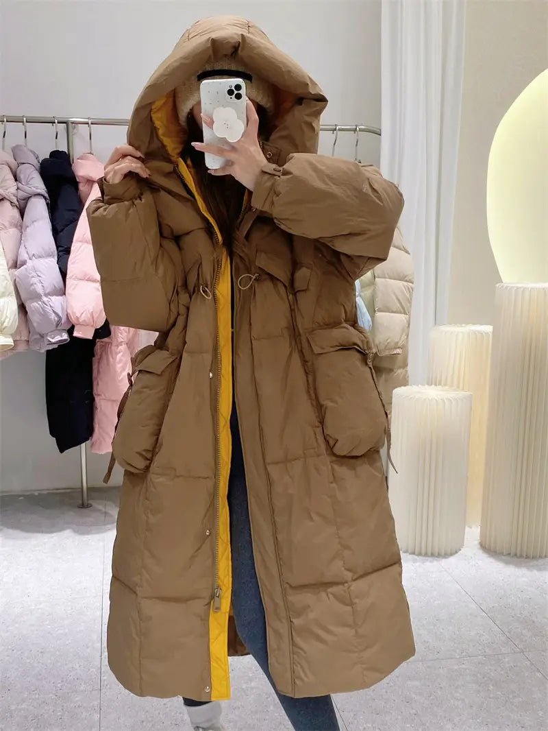 Korean Style Winter Clothes Hooded Women’s Over-the-knee Quilt Down Jacket