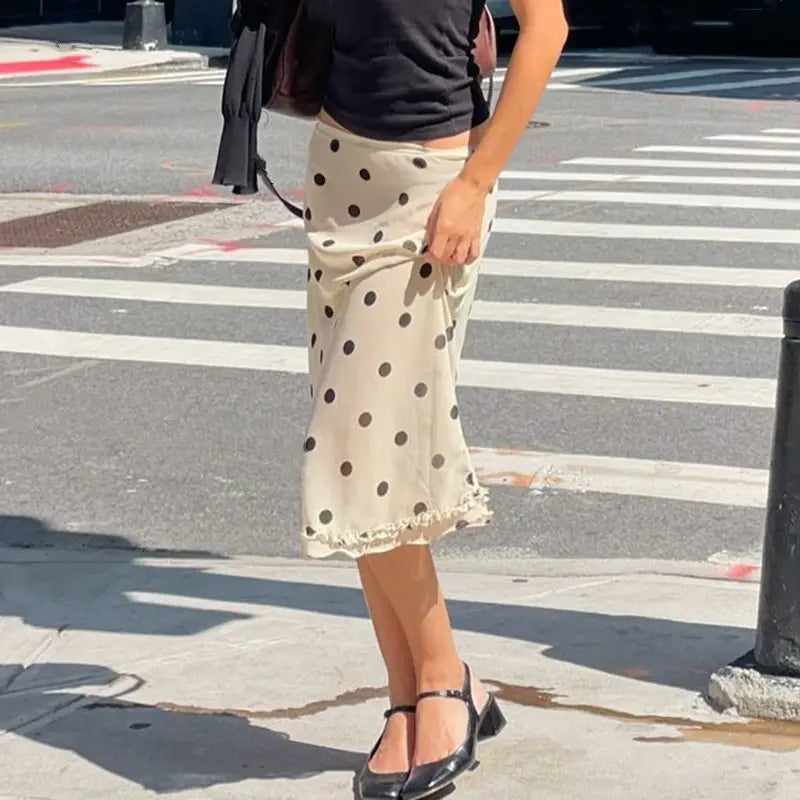 Women’s French-style Color Matching Polka Dot Side Zipper Pleated Hip Skirt