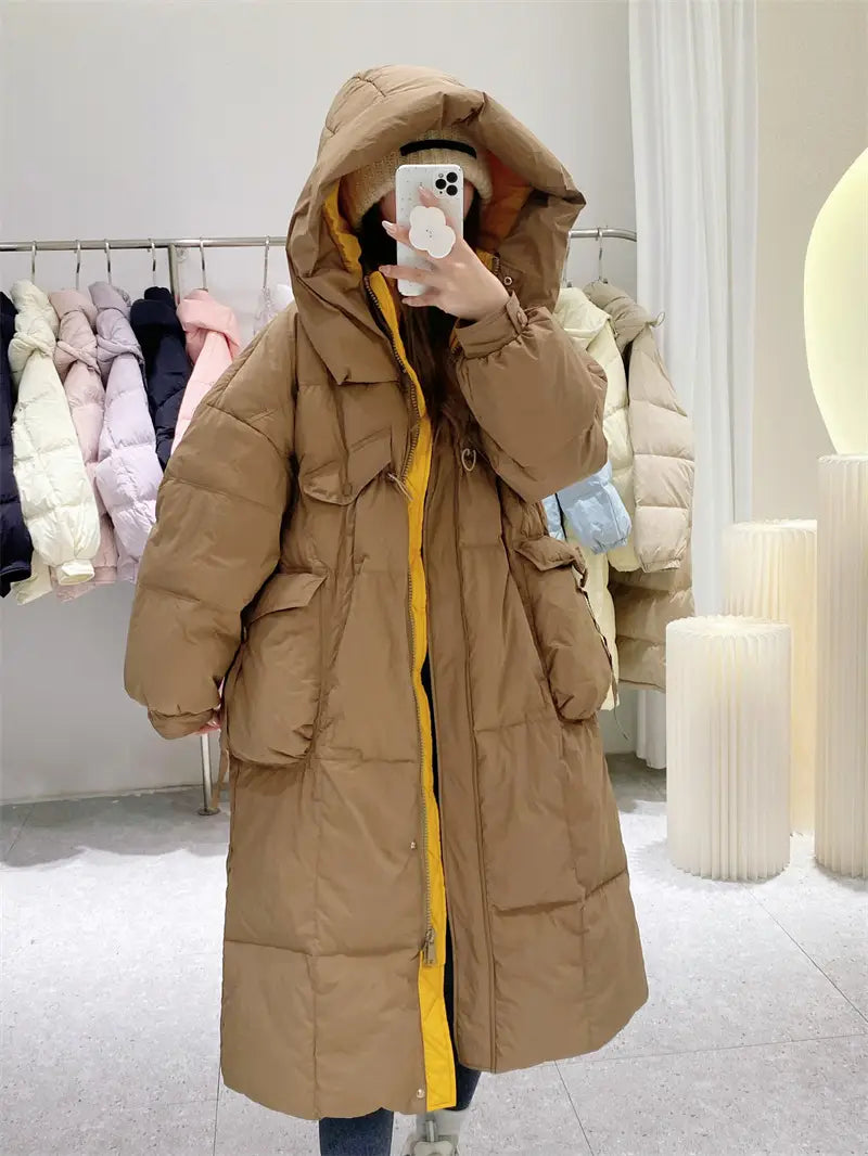 Korean Style Winter Clothes Hooded Women’s Over-the-knee Quilt Down Jacket
