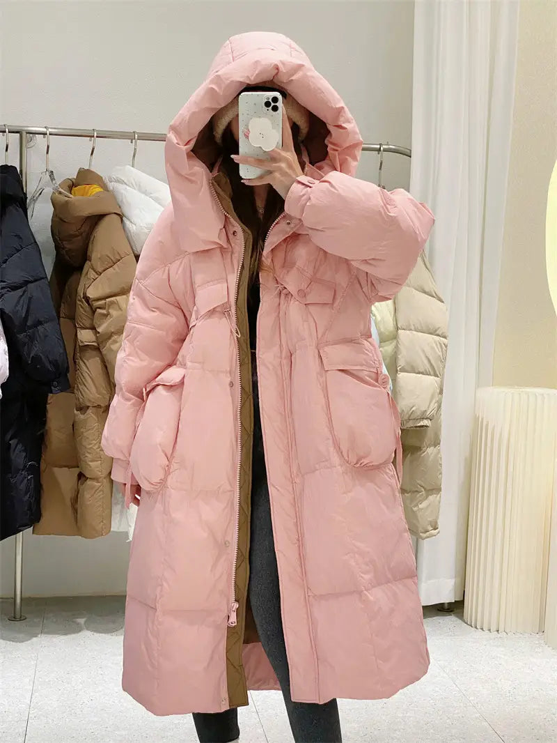 Korean Style Winter Clothes Hooded Women’s Over-the-knee Quilt Down Jacket