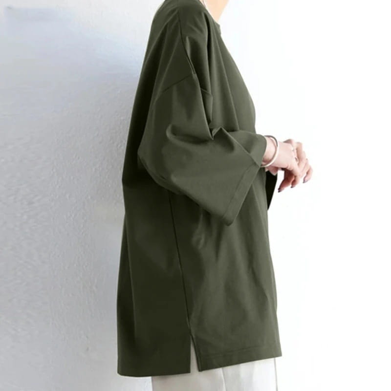 Women’s Spring And Summer Solid Color Crew Neck Split Long Sleeve Loose Top