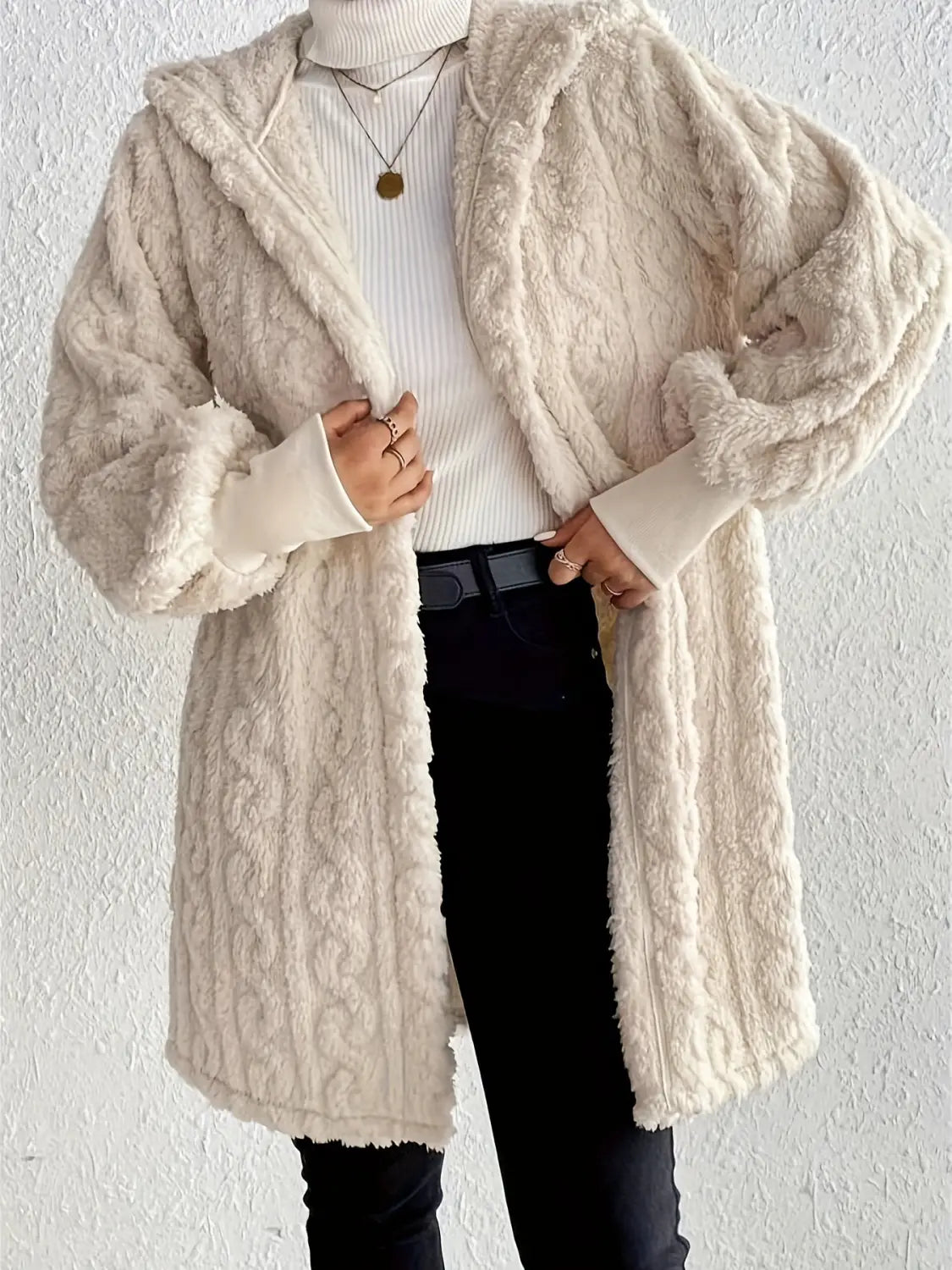 Hooded Double-sided Plush Cuff Thread Long Coat