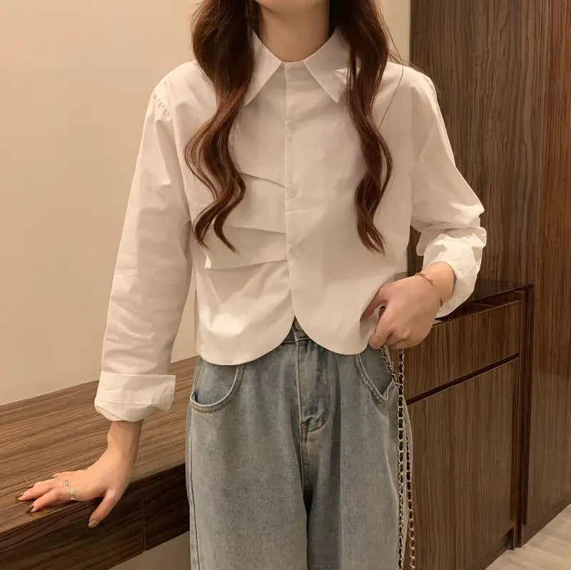 French White Shirt Women’s Spring Design Sense Niche Shirt Temperament High Sense Chic Beautiful Short Long Sleeve Top