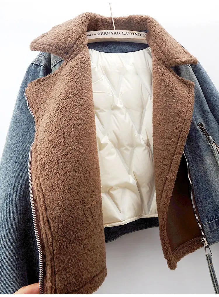 Lamb Wool Stitching Lightweight Down Liner Fleece-lined Denim Coat Women’s Short Top Jacket