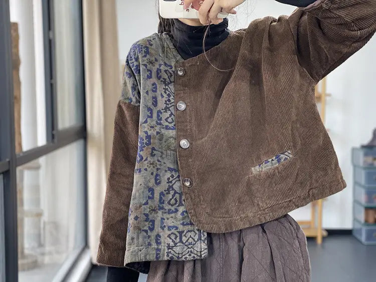 Retro Contrast Color Cotton Coat Jacket Women
