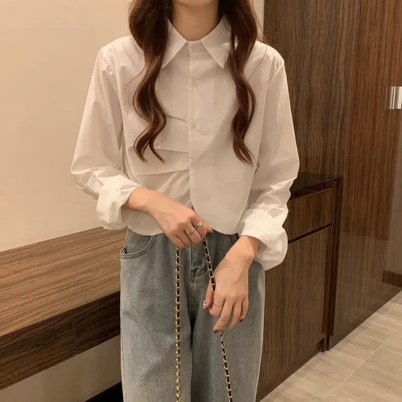 French White Shirt Women’s Spring Design Sense Niche Shirt Temperament High Sense Chic Beautiful Short Long Sleeve Top