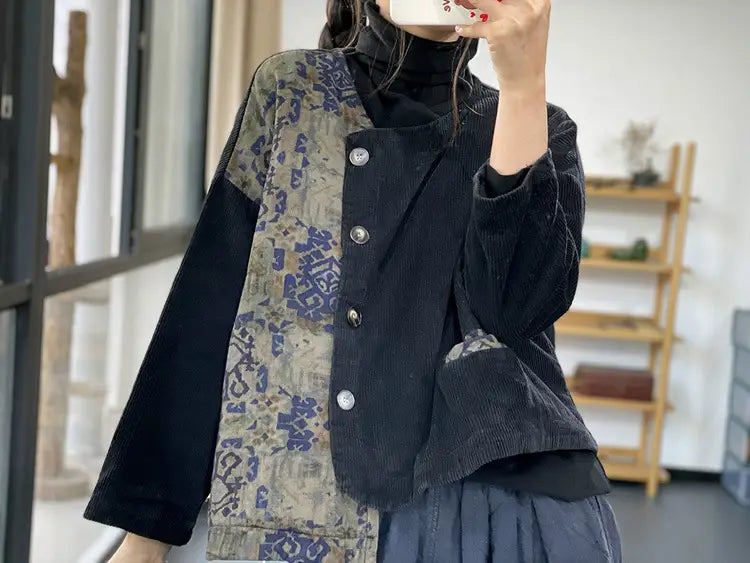 Retro Contrast Color Cotton Coat Jacket Women