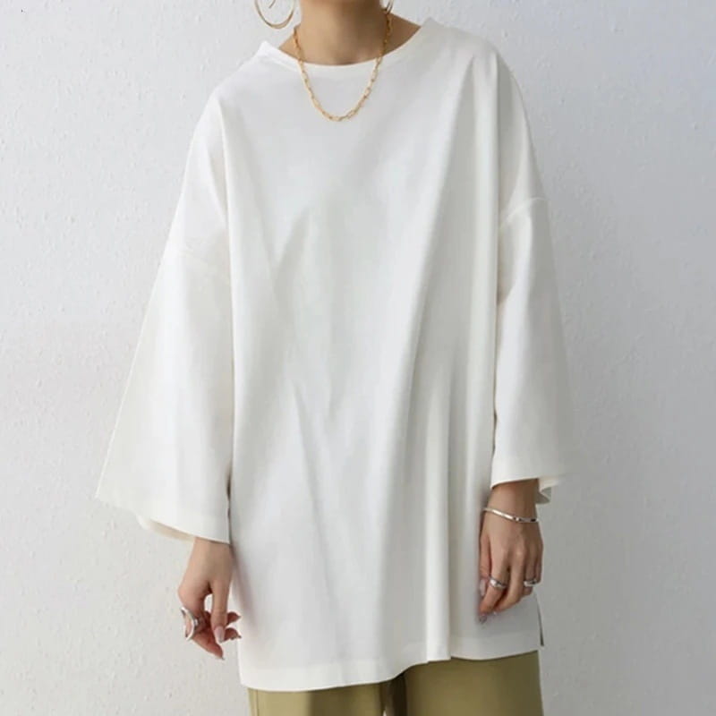 Women’s Spring And Summer Solid Color Crew Neck Split Long Sleeve Loose Top