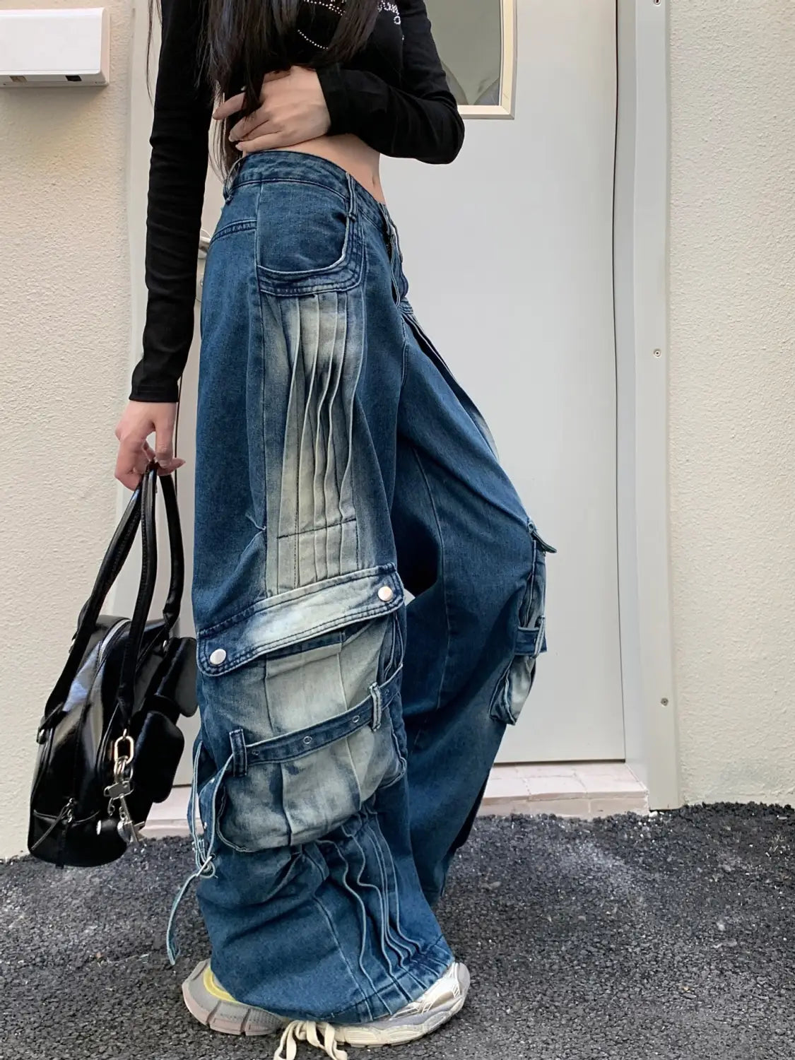 Straight Loose Washed-out Deconstruction Design Cargo Jeans Female