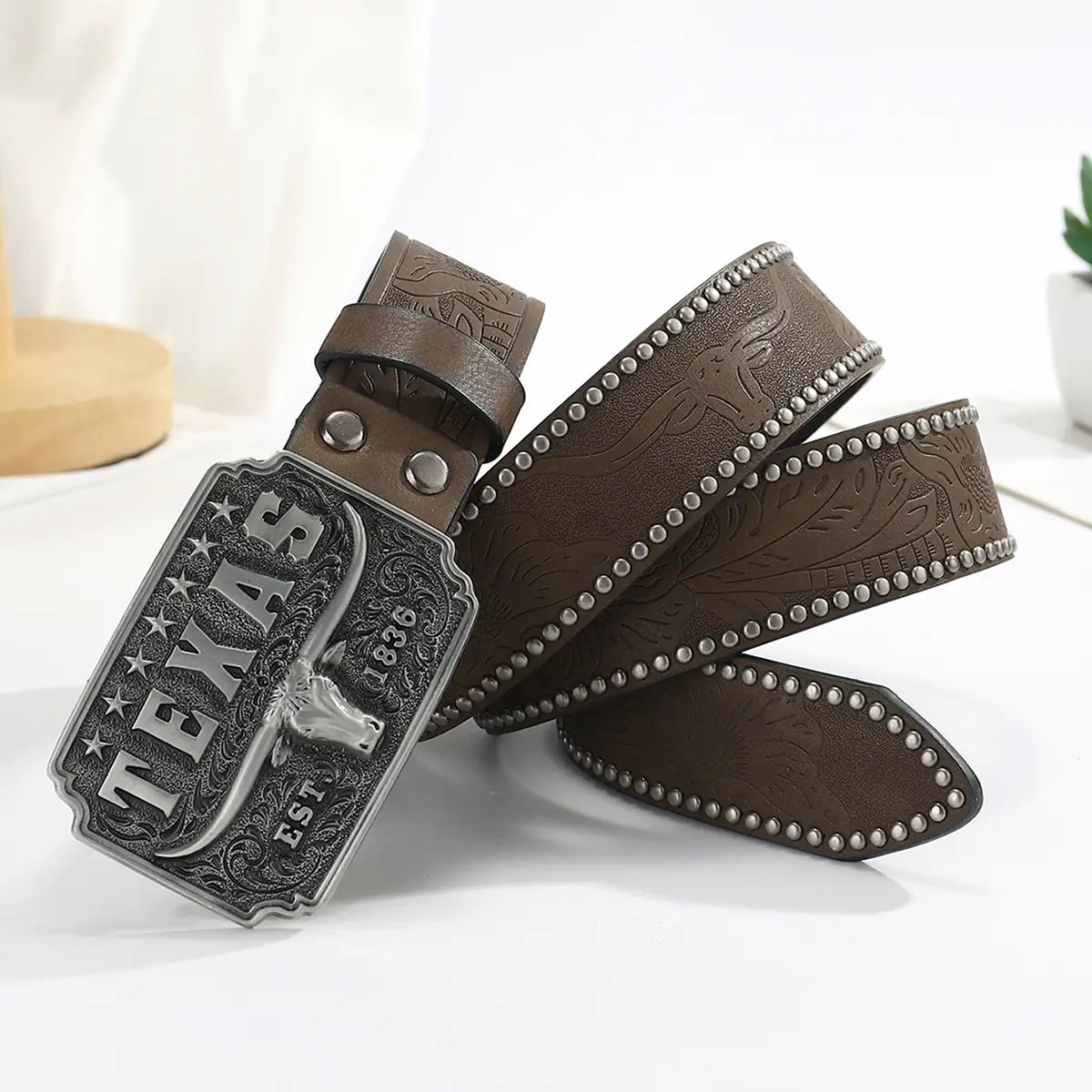 American Retro Embossing Cow Head Buckle Simple All-match Western Denim Belt