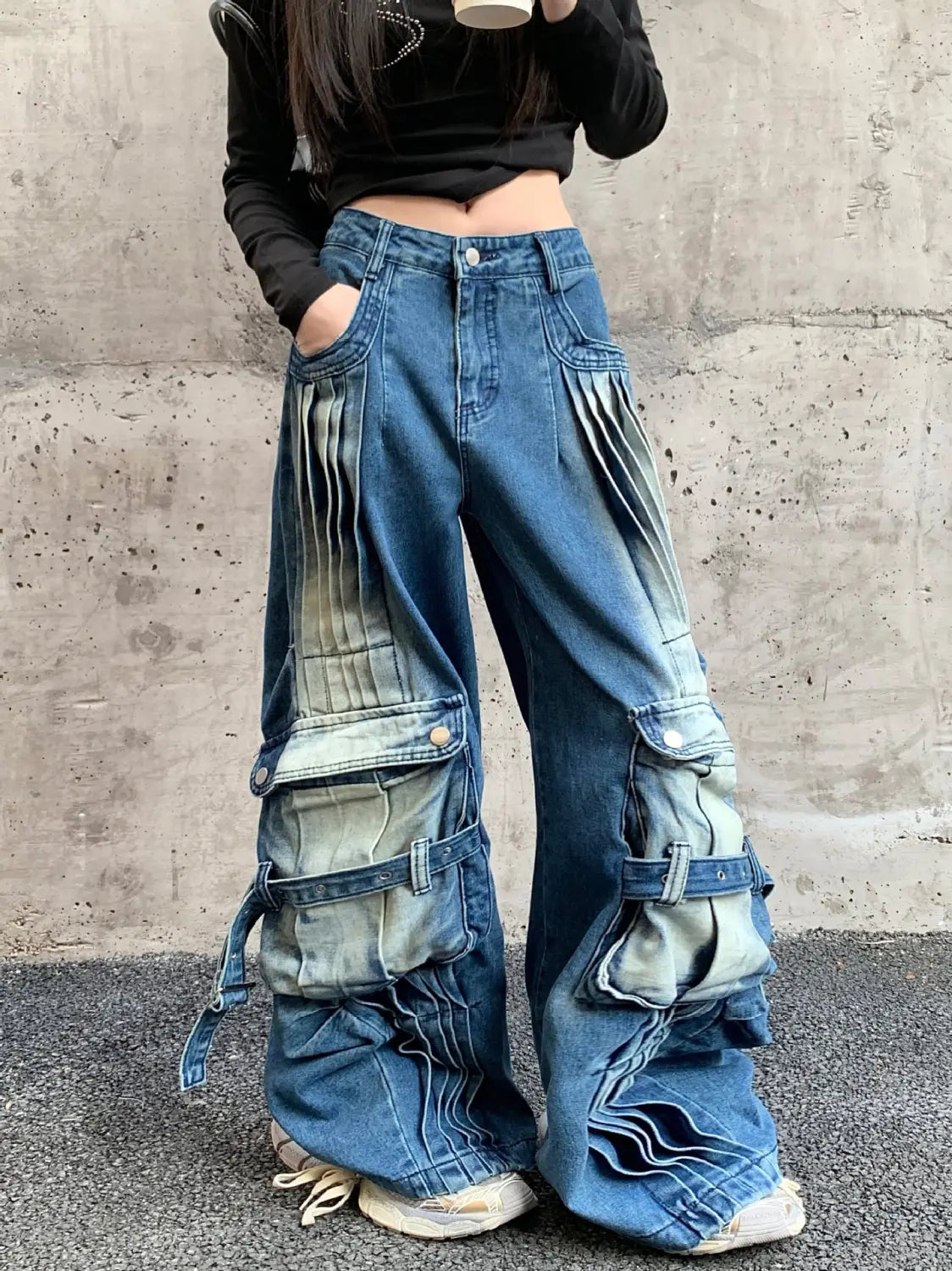 Straight Loose Washed-out Deconstruction Design Cargo Jeans Female