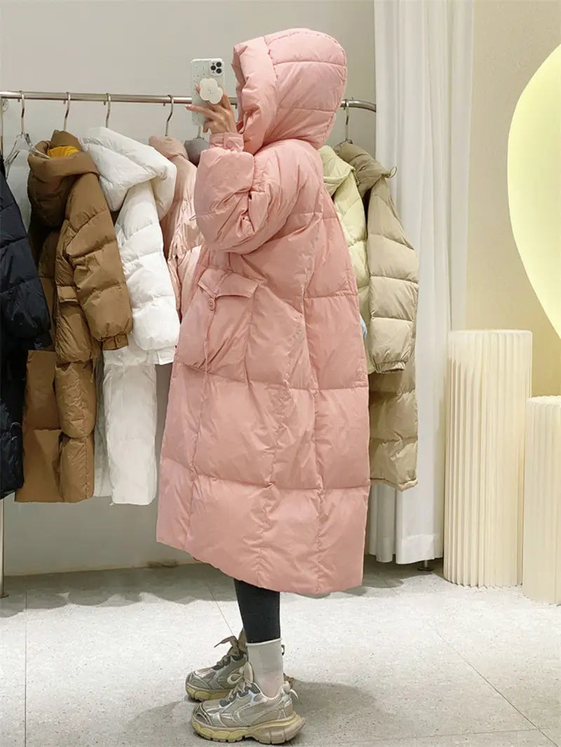 Korean Style Winter Clothes Hooded Women’s Over-the-knee Quilt Down Jacket