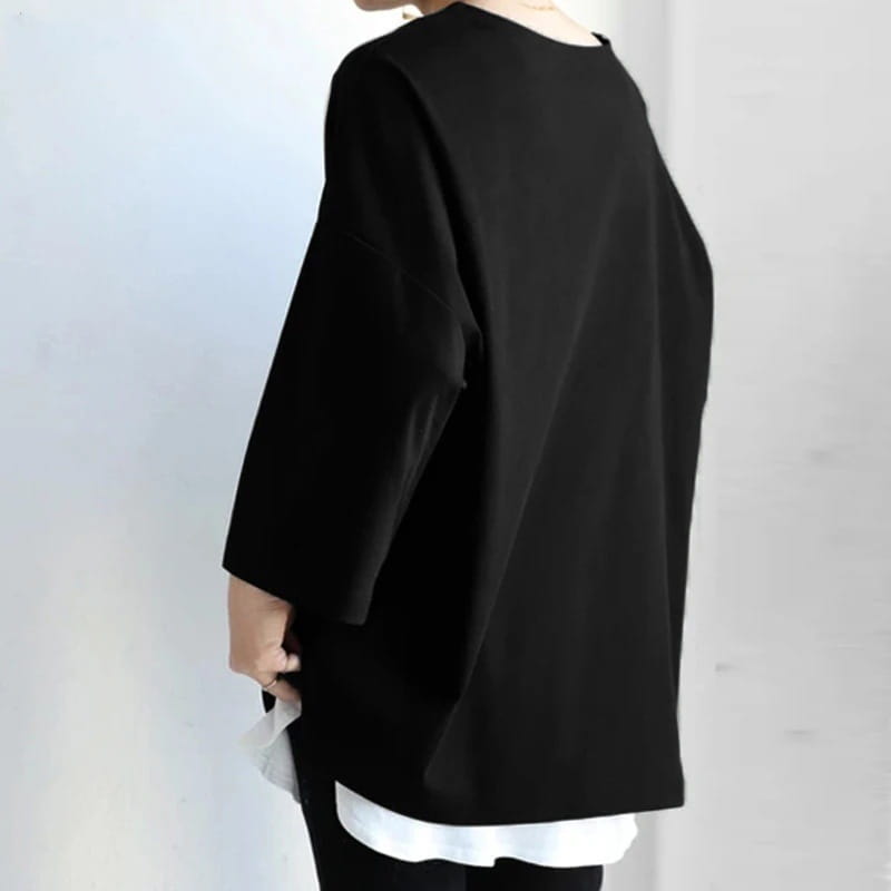 Women’s Spring And Summer Solid Color Crew Neck Split Long Sleeve Loose Top