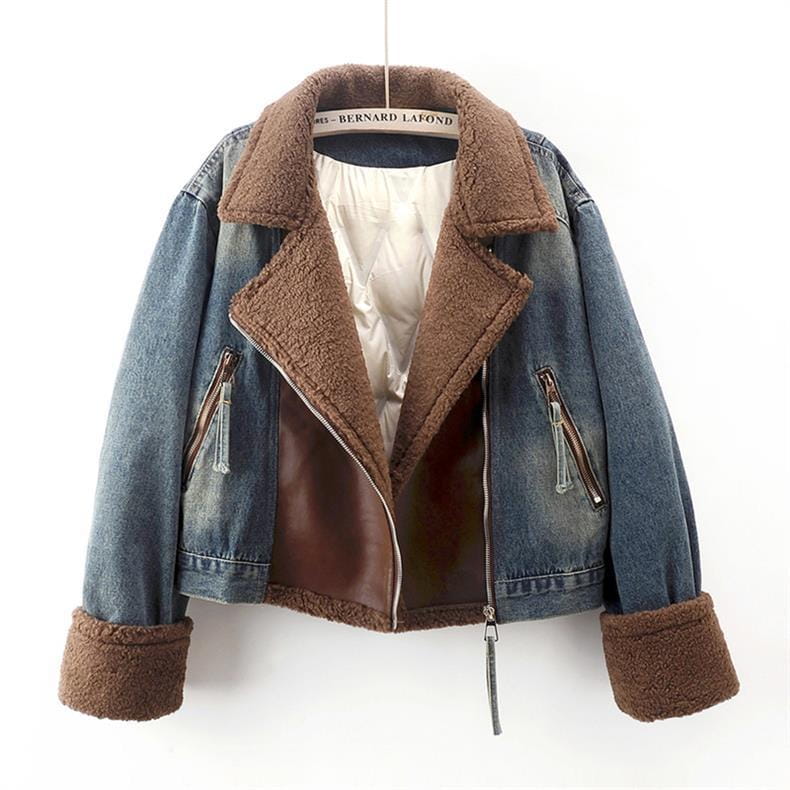 Lamb Wool Stitching Lightweight Down Liner Fleece-lined Denim Coat Women’s Short Top Jacket