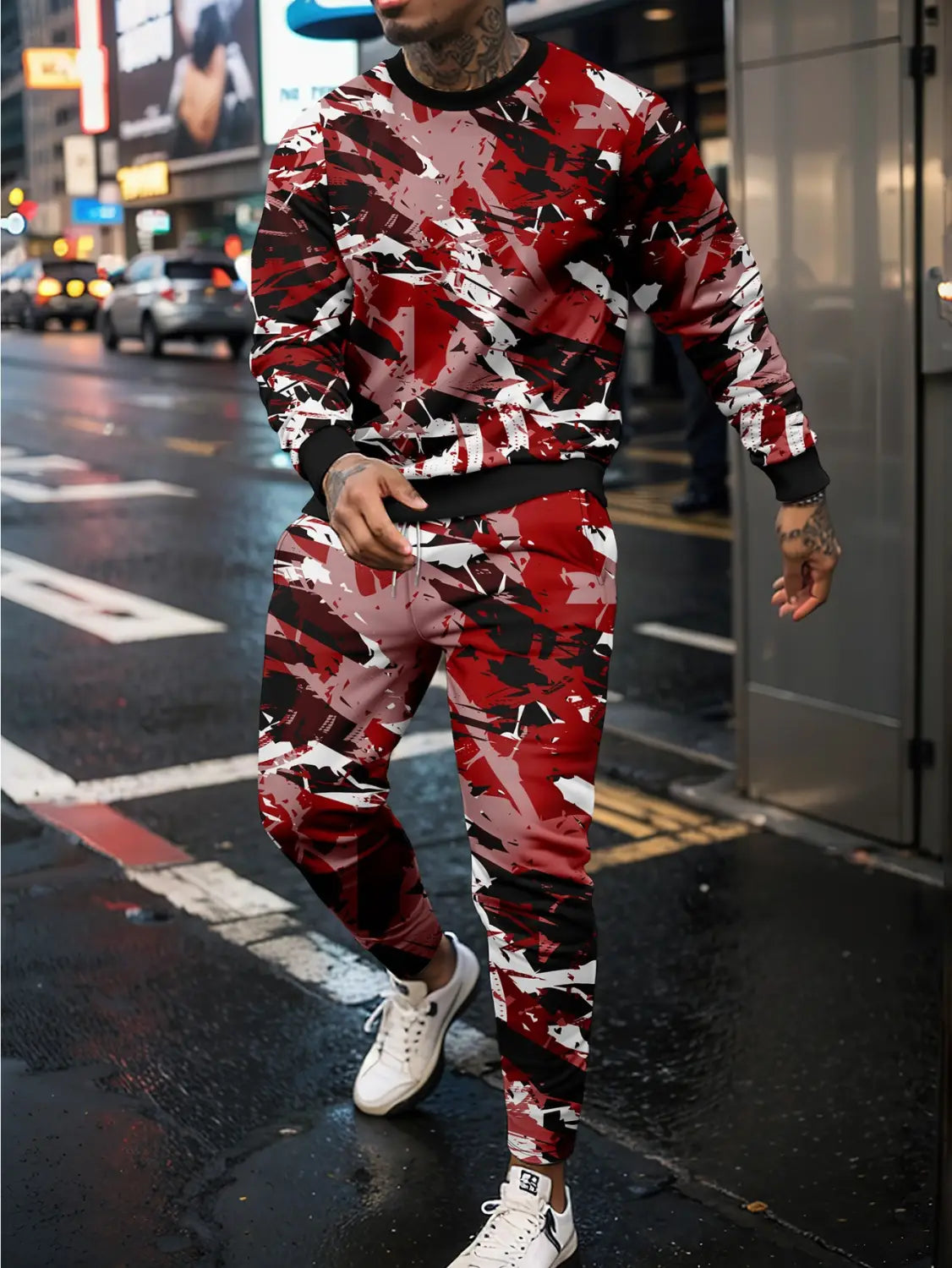 Sports Men’s Clothing Casual Retro Digital Printed Round Neck Sweater Suit