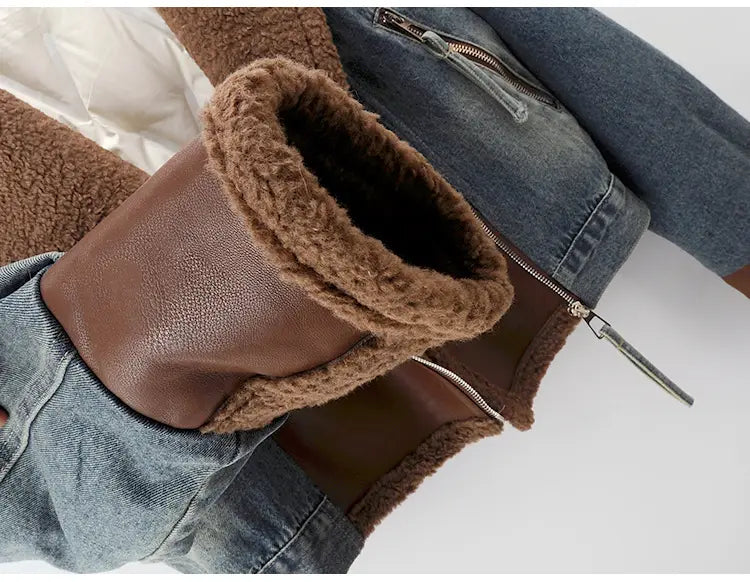 Lamb Wool Stitching Lightweight Down Liner Fleece-lined Denim Coat Women’s Short Top Jacket