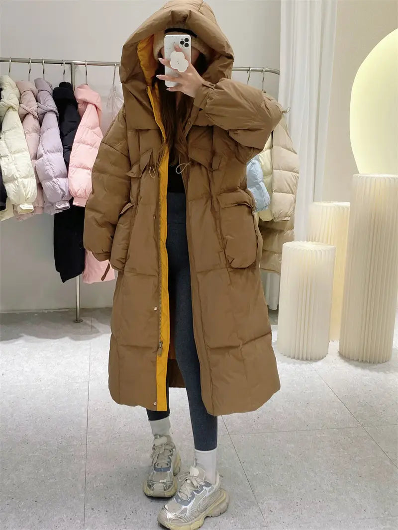 Korean Style Winter Clothes Hooded Women’s Over-the-knee Quilt Down Jacket